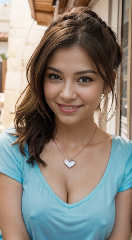 Woman with heart shaped necklace, sonriente, cabello rizado, ojos azules,sujetando un globo, Japonesa, rubia, en la patio, rayos de sol hermosa, 20 years, Winking, aretes grandes, topknot, colitas dobles