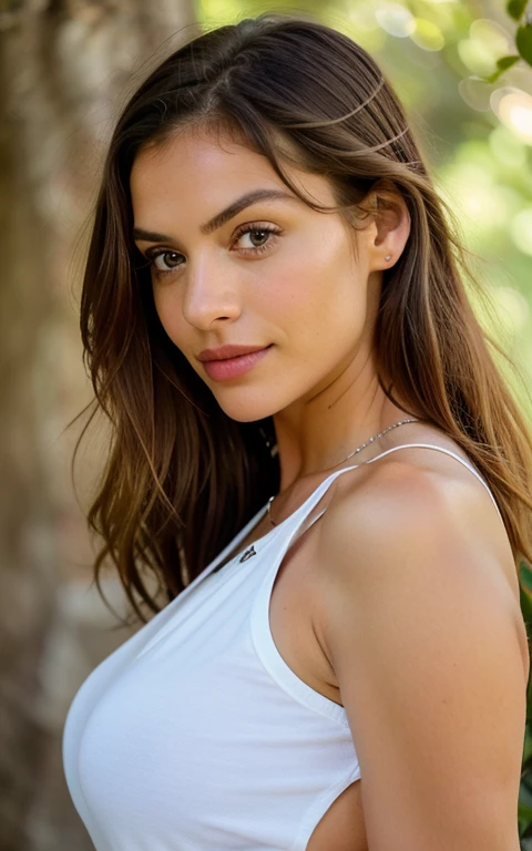 (photorealism:1.2), beautiful european woman with brown hair, wearing loose off-shoulder top, long hair, outdoors, soft lighting, relaxed pose, realistic, intricate details, normal clothes, warm colors, beach, smiling