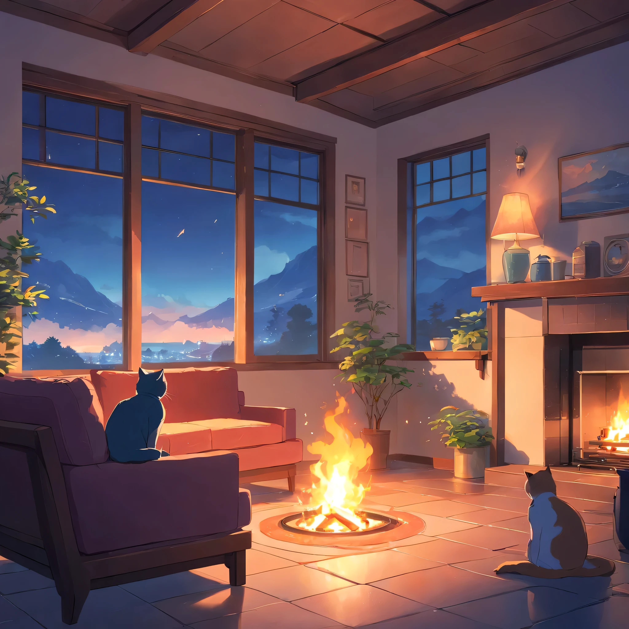 Fireplace at the end of the night, cats sleeping, cup of tea with steam, Beautiful landscape window