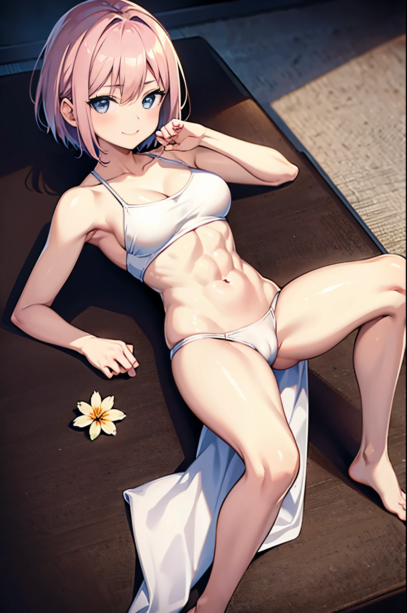 anime, best quality, masterpiece, epic, highest detail, 18 years old, 1 girl, pink bob hair, cute and beautiful face, always smile, Charming thinly defined waist and well-developed abdominal muscles, indoor,  thighs where the muscles emerge, front lighting