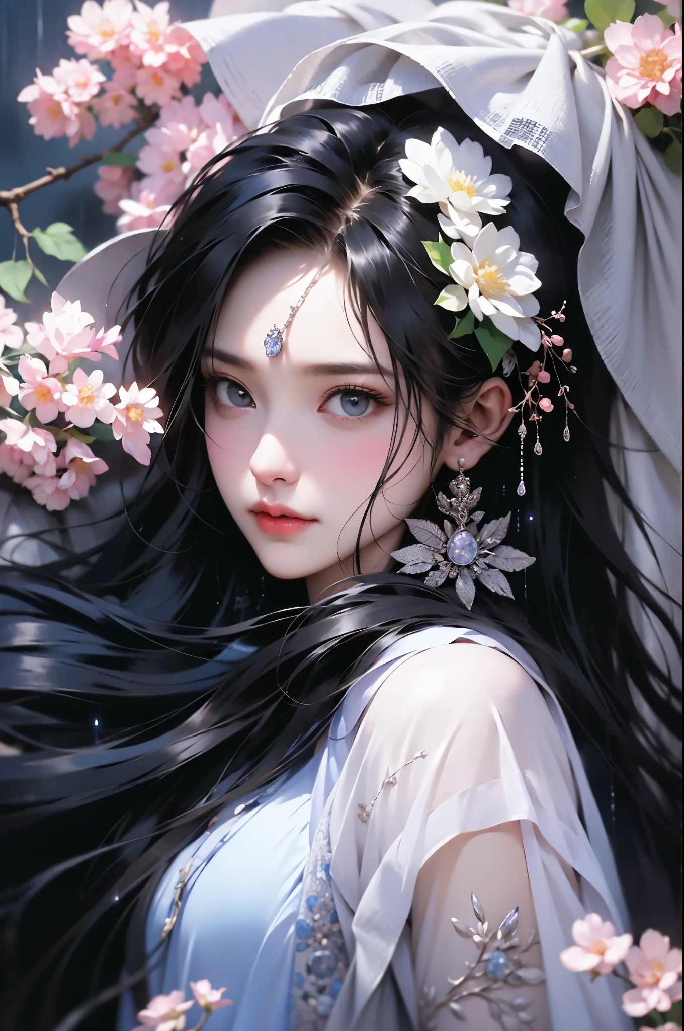 1 girl, upper body portrait close-up, black hair, flowing hair, hazy beauty, extremely beautiful facial features, purple embroidered dress, hairpin on head, lying in a flower bush, hands on the face, perfect ???????, white flowers, (spring, rainy days, terraces, mountains), simple vector art, contemporary Chinese art, soft light, entangled scarf, looking down