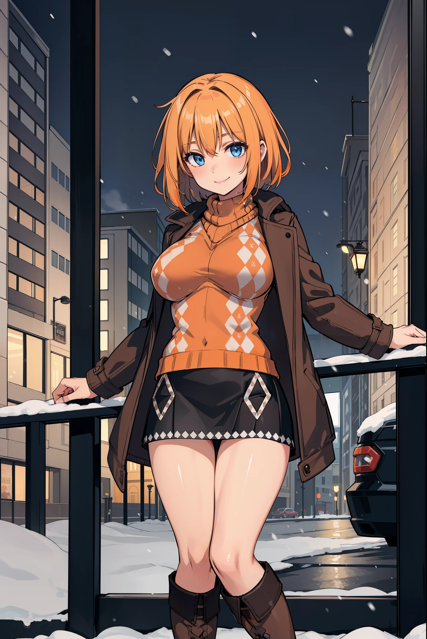 8k wallpaper, table top, highest quality, figure, looking at the viewer,（(cowboy shot)）,perfect anatomy,（1 female:1.5）, alone, 24-years-old,BREAK（(blond hair),（blond short hair)）,BREAK（blue-eyes）, smile a little,big breasts, rocket bit,BREAK(dark brown duffel coat),BREAK(lover lover (Argyle pattern) orange-sweater:1.46),BREAK (Beautiful leg line in a black miniskirt:1.4), BREAK(brown Long boots that accentuate the legs:1.56),BREAK(Winter roadside trees, city area, snow piled up) (Twilight Settings:1.3), (soft,cold lighting:1.3),BREAK（standing pose,open legs）