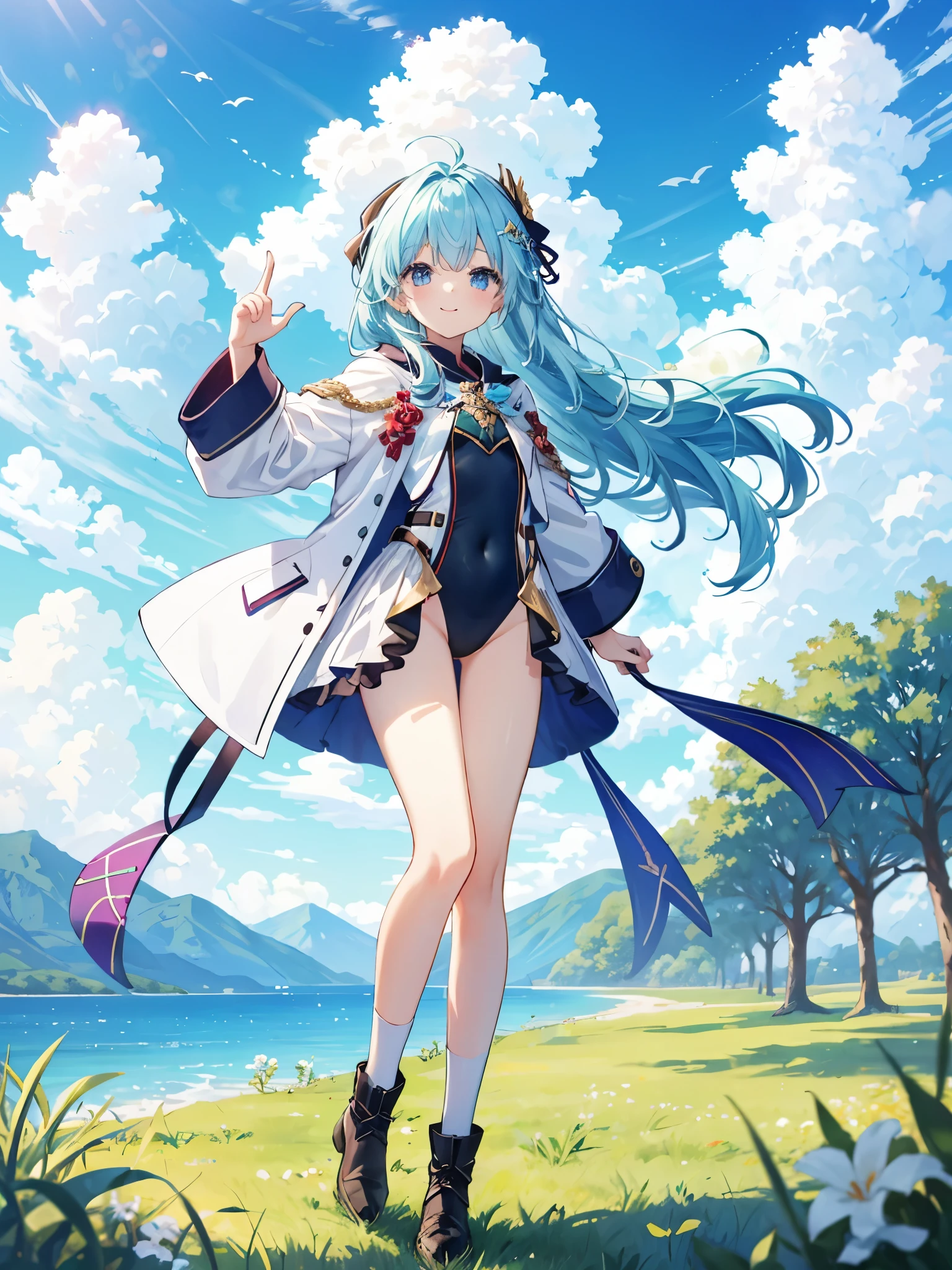 ((masterpiece、4K、8K、highest quality: 1.perfect fingers: 1.perfect anatomy: 1.3、background blur))、((short tailcoat、leotard、long sleeve、、slender、small face、super beautiful girl、(straight long hair))、beautiful big droopy eyes、happy smile、full body display、knee high socks、sky and grass、