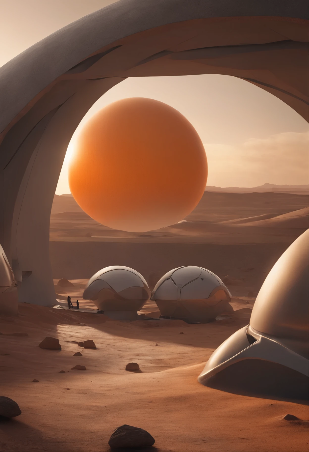 Space colony dome in the desert of Mars, molded in gray concrete, the sun day illuminates the construction, the cracked ground in an orange tone with rocks, motion capture.8K, zaha hadid, unreal engine, Futurism, American propaganda poster