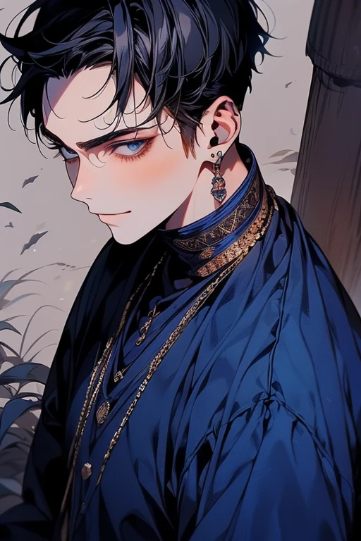 ((muste piece)), ((best quality)), ((brown skin)), ((dark blue eyes)), ((Dark blue hair))、handsome man , ((very very short hair、No bangs、Forehead、all back)), masculine、tall、sexy、Adult man、Three white eyes、handsome man、Kowamote、firmly、muscular、broad shoulders、smile、wild、とてもwild、