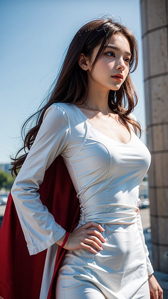 Young woman, White dress, red cloth, (red hair, long hair, long hairมาก), (Huge breasts, big breast, Breast augmentation), (small waist, thin body), (majestic, Charming Succubus), (Short white dress, tight fitting, gold pattern), (Red coat, Cloak of Float), (Low-angle shots, Walking posture), (sky backdrop, cliff, meadow), (holding a godly weapon)