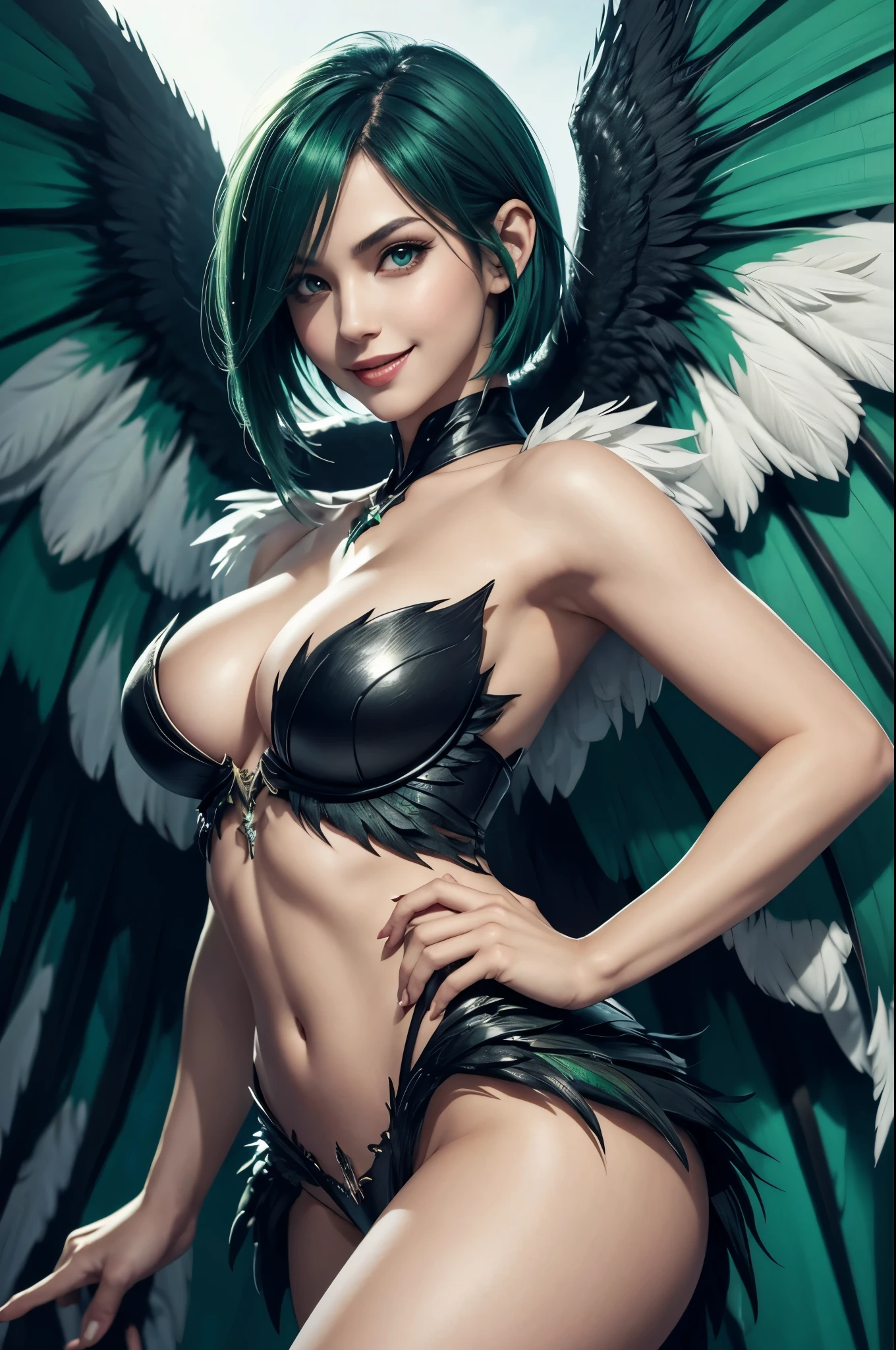 8K,A monster woman with bird wings on both arms.,harpy,Troubling white-skinned wingman,Has sharp bird claws on both feet,green short bob hair,fantasy art,character art,ultra high resolution,super realistic skin,Precise bird wing details,digital art,beautiful expression,Sexy cleavage,Large fangs can be seen from the wide open mouth,Emphasizes small cleavage,See here,Seduce,sexy pose,smile