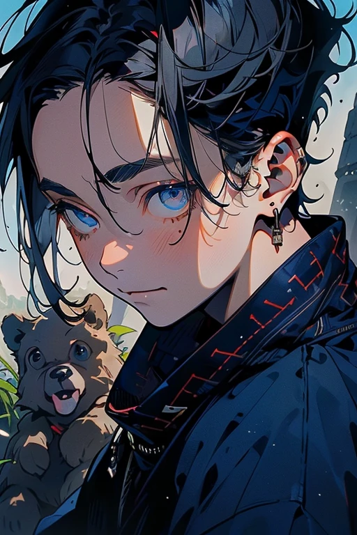 ((muste piece)), ((best quality)), ((brown skin)), ((dark blue eyes)), ((Dark blue hair))、handsome man , ((very very short hair、No bangs、Forehead、all back)), masculine、tall、sexy、Adult man、Three white eyes、handsome man、Kowamote、firmly、muscular、broad shoulders、smile、wild、とてもwild、