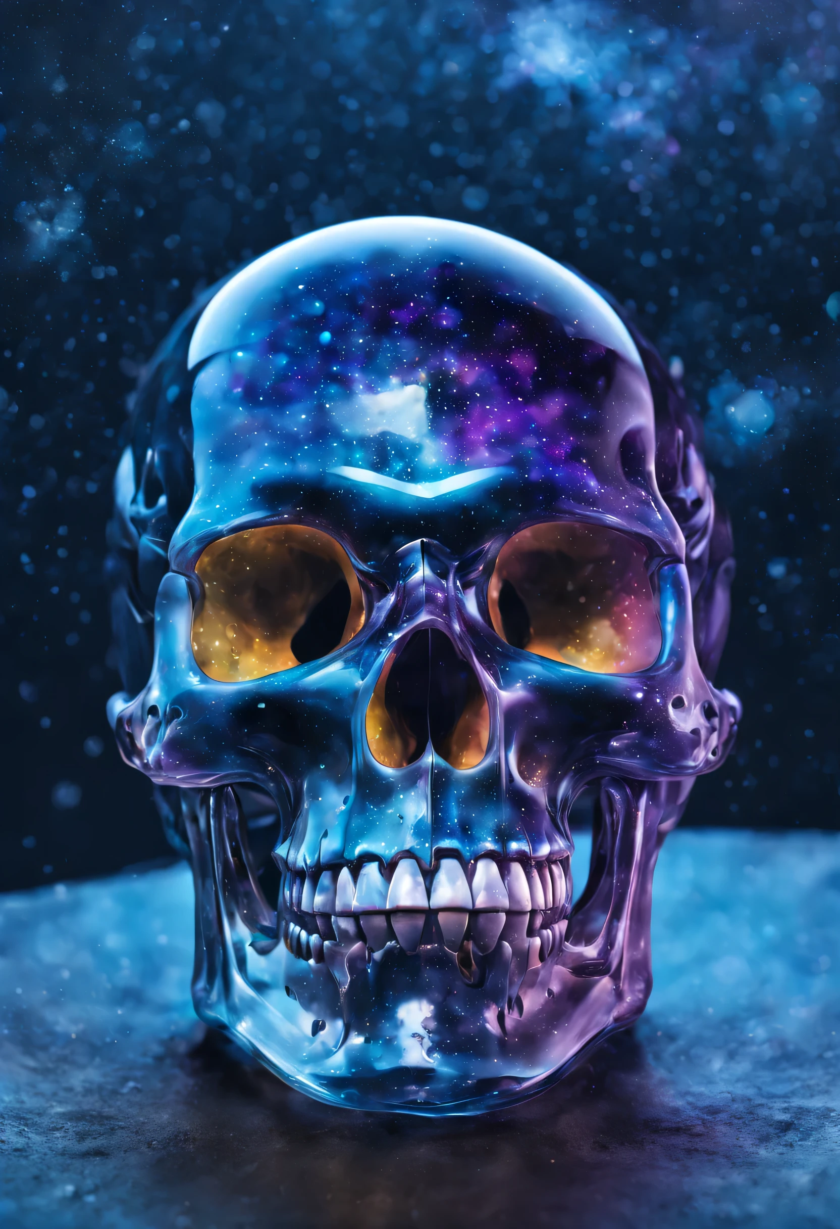 A magnificent transparent glass skull tinted with a few drops of paint inside, with the galaxy in the background which is slightly outlined in the skull. It's textured and mesmerizing