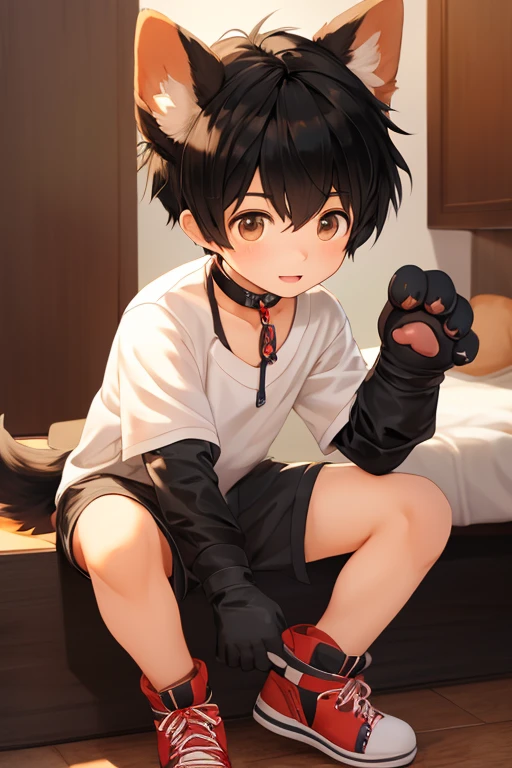 masterpiece, Best Quality, 1boy, black hair,学ラン,Realistic, ((The human)),Shota,fake dog ears,dog collar,fake dog tail,big paw gloves,big paw shoes,fluffy