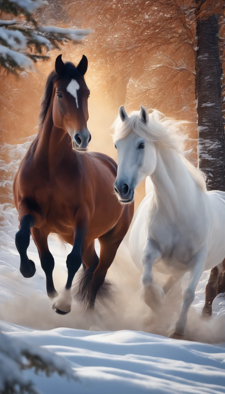 8k Two old horses running in the village,Mountains of white trees and plants surround the snowy pegasus jingling