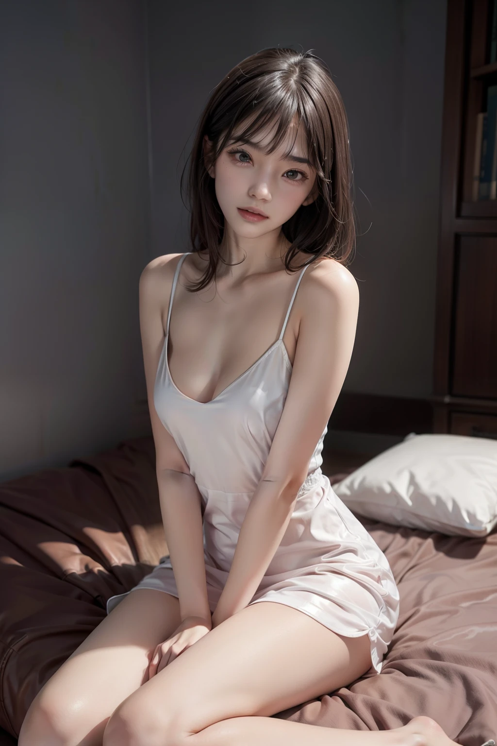 Brunette Chinese girl, bangs, pure looking, big eyes, small mouth, super fine painting, ultra-short dress, rained, single dress, white slip dress light and transparent, no chest patch, no bra, no swimsuit, chest pink mark bulge, chest pink bumps obvious, wearing a single dress, vacuum, loose, chest chiaroscuro strong, realistic, super realistic, photogenic, hands caught, clothes torn, exposed side breasts, exposed lower breasts, sitting posture, looking down at the camera, legs open, the gap between the legs is clearly visible, Thong full body shot, looking up at the camera