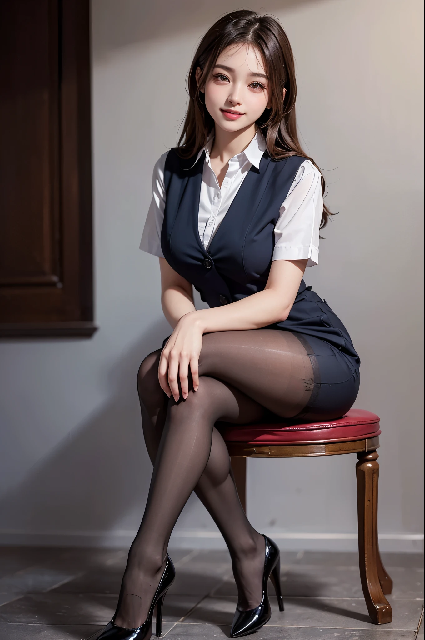 Ulchan-6500-v1.1, (RAW photo:1.2), (Photoreal), beautiful detailed girl, (genuine: 1.4), very detailed目と顔, beautiful and fine eyes, Vests with various patterns、((Sitting with legs aligned:1.3))、(super realistic pantyhose:1.2), (high heels)、((Business service))、(very affectionate smile:1.2)、huge file size, High resolution, very detailed, highest quality, [masterpiece:1.6], enlightenment, very detailed, finely, highest quality, 8k wallpaper, movie lighting, 1 girl, 26 years old, perfect body shape, Cute droopy eyes、beautiful big eyes、highest quality, 1 girl, eye shadow, Upper body, portrait, ((full body shot:1.3))、