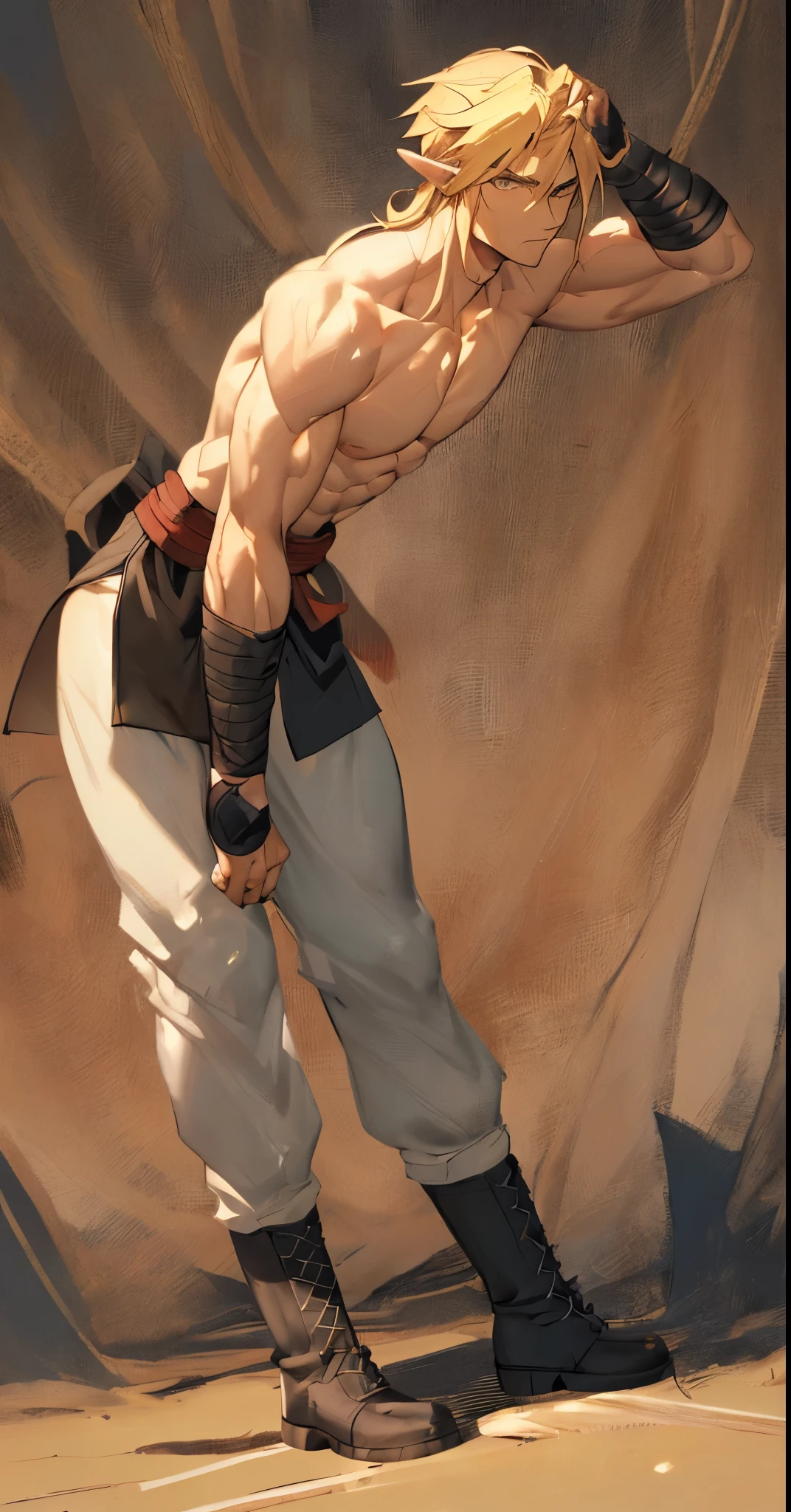 a close up of a man with blonde hair and no shirt, perfect anatomy, perfect male body,handsome guy, shirtless :: high detail, blonde, anime boy, blonde waist-long hair, handsome anime pose, smooth skin,link, masterpiece,detailed, intricate,4k,digital painting,pants,martial arts,black belt, muscular,perfect abs,warrior,sportive,seductive,horny,(smiling:0.5)(evil:0.3)(from below:1.2),(indoor)(palace)(one hand behind head),serious, confident,looking at viewer,maledom,prince,dominant, bdsm,sports,sportive, sweatpants,(shirtless),dominant,confident,strong, tall,godlike,(combat boots:1.4)