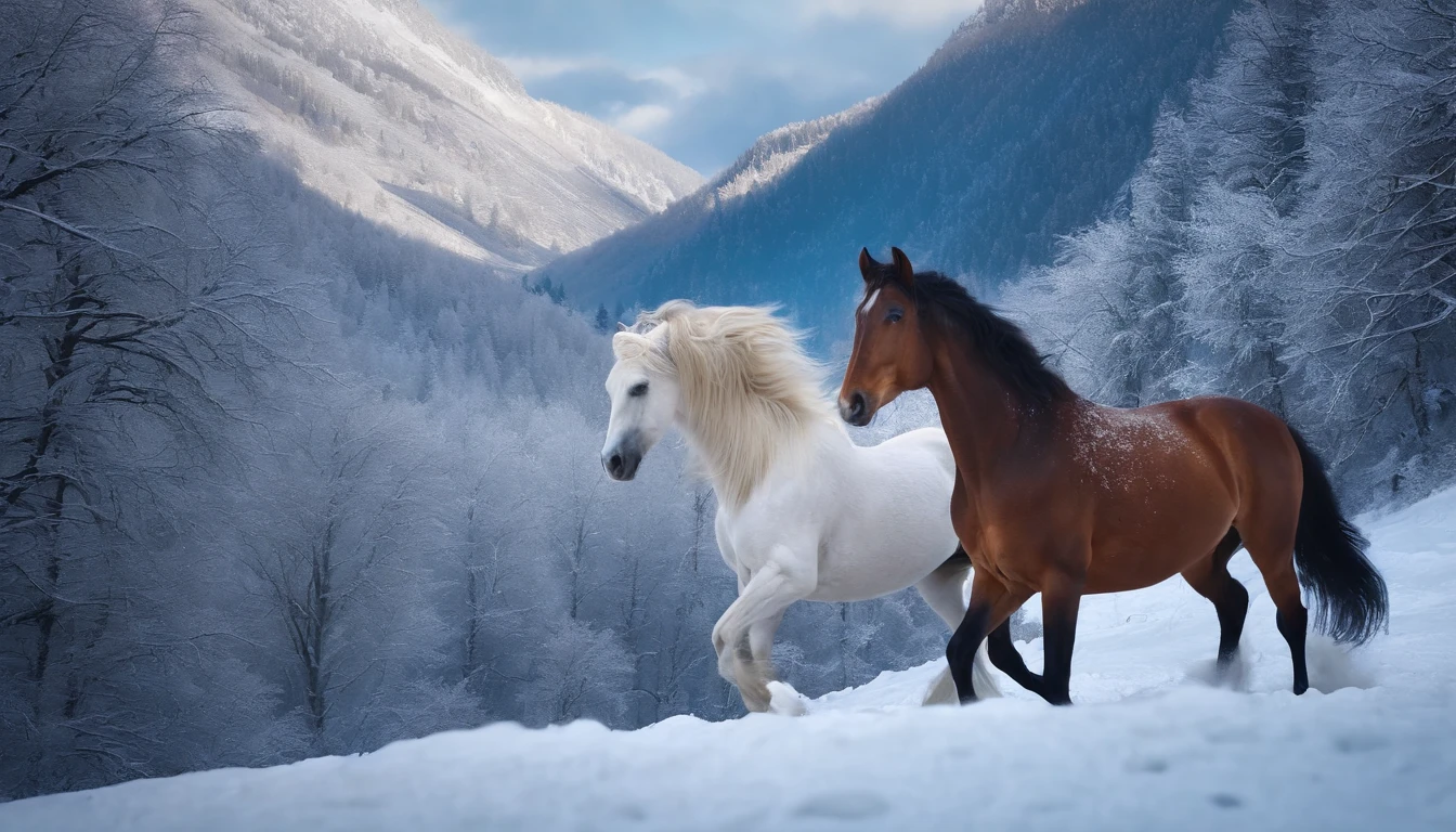 8k Two old horses running in the village,Mountains of white trees and plants surround the snowy pegasus jingling