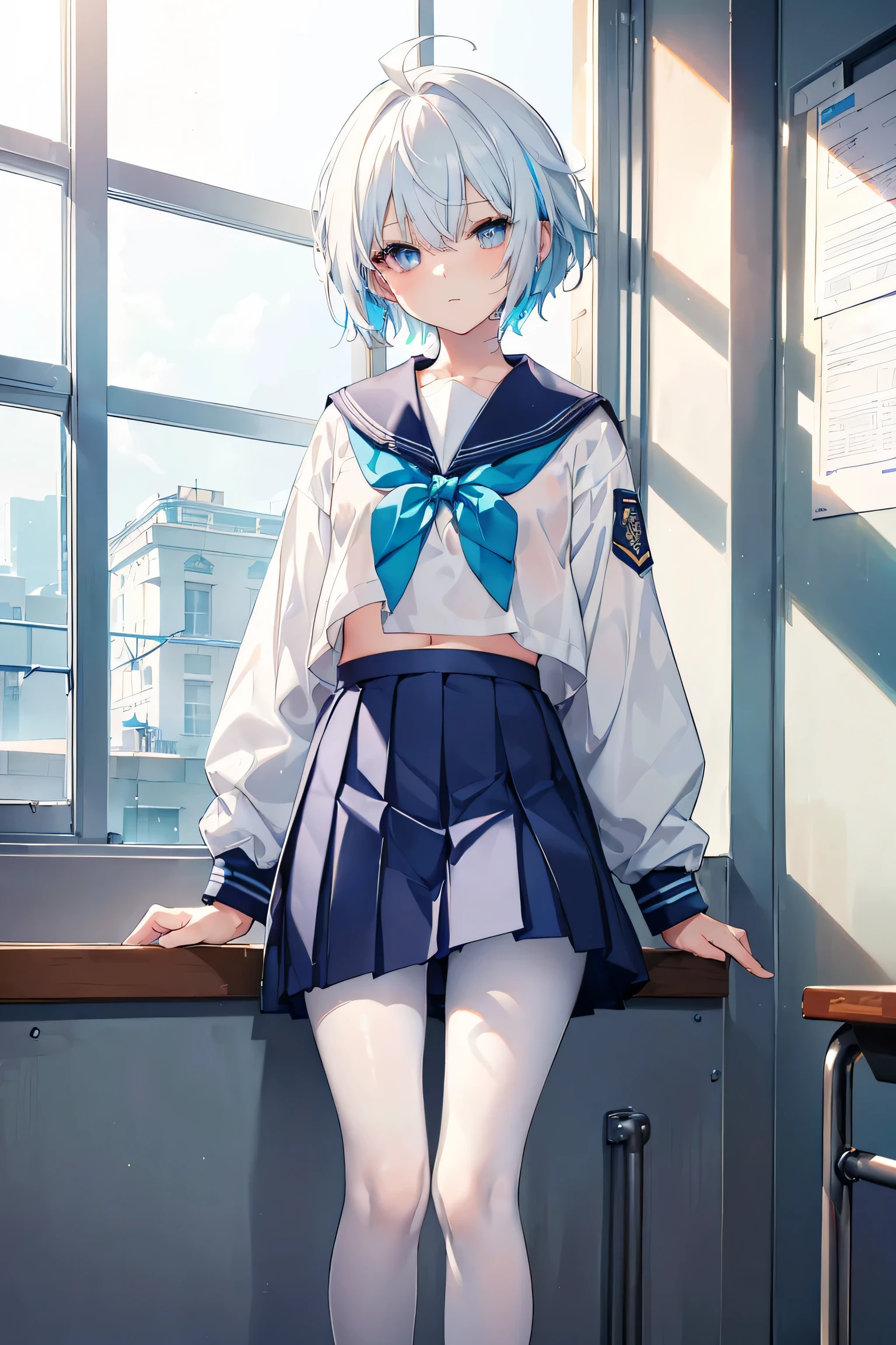 Generate an image of a modest girl with silver hair and cyan eyes, her gaze lowered with a blush. Her hair is short and styled neatly with a small blue headband. She is wearing a traditional with a pleated skirt and a sailor collar, standing by a large window with sunlight streaming in. The camera angle is from a low perspective, highlighting her shy posture and the warm, inviting atmosphere. Ensure the image is a masterpiece with the best quality, very detailed, and very delicate, nsfw