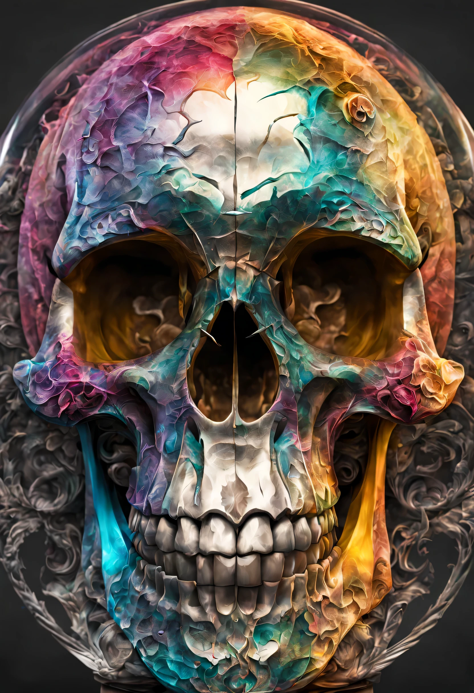 In a transparent and colorful style, a skull is placed on a very detailed and textured base