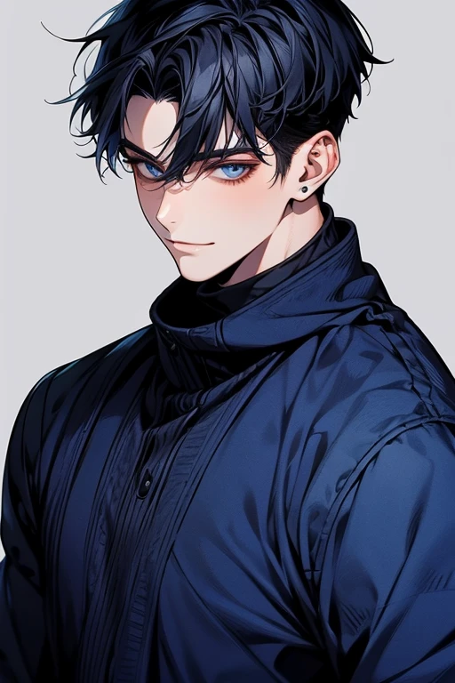 ((muste piece)), ((best quality)), ((brown skin)), ((dark blue eyes)), ((Dark blue hair))、handsome man , ((very very short hair、No bangs、Forehead、all back)), masculine、tall、sexy、Adult man、Three white eyes、handsome man、Kowamote、firmly、muscular、broad shoulders、smile、wild、とてもwild、
