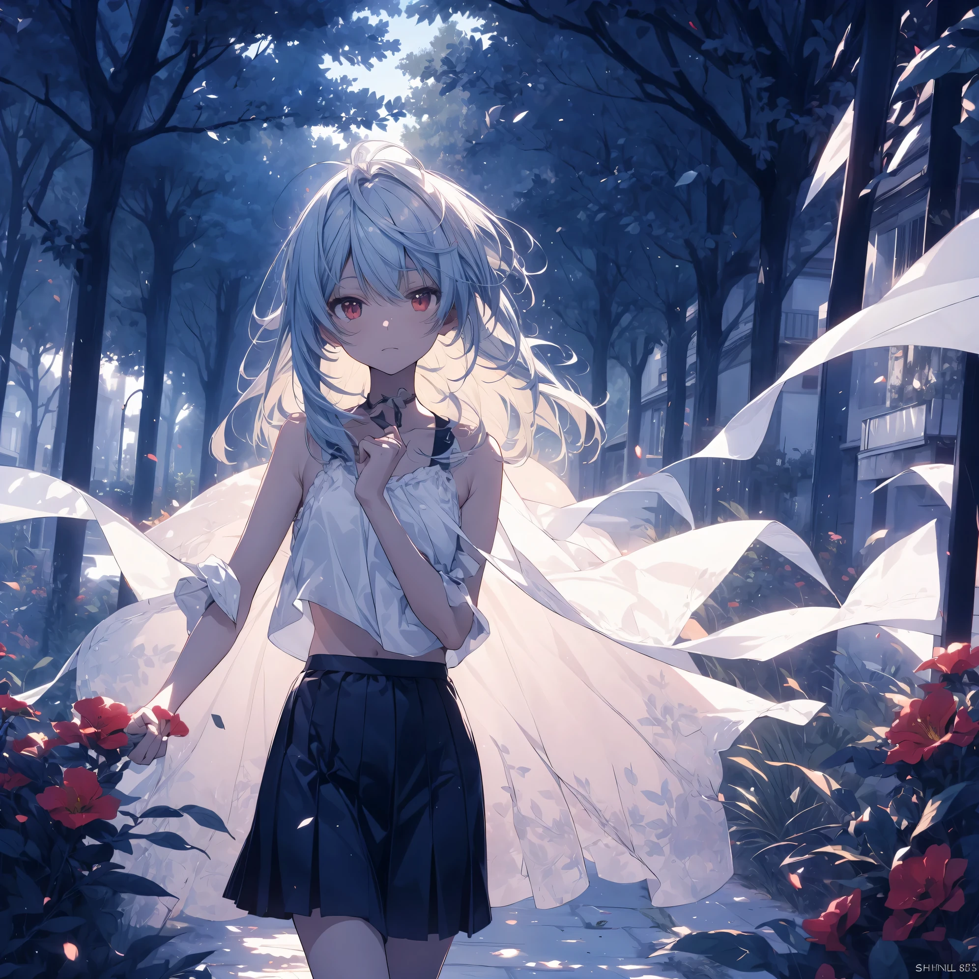 Super high quality by the art god, super detailed, High resolution,  Shinkai Makoto style,  anime moe art style, best anime 8K konachan wallpaper, pixiv contest winner, perfect ???????, break,(Please draw a sleepy girl walking alone to the village.. ),break, surreal tomboy, (alone,change, 15 years old:1.3),All limbs, full finger, ((black skin)), androgynous charm, (silver hair), messy hair, Ahoge, Medium soft chest, small ass, between legs, small eyes,beautiful detailed red eyes, Well-proportioned iris and pupils, High resolutionの詳細な髪, ((white tank top, skirt:1.3)), In front of Satoyama. break,super dense skin, Best lighting by famous artists, 8K, figure,