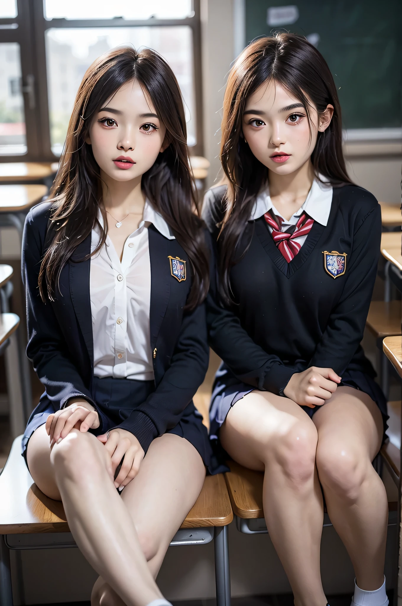 (2ung girls), beautiful girl with beautiful details, Raw photo, (Best Quality:1.2), 8K, high details, hight resolution, With the highest quality, High-definition raw color photos, professional photograpy, (Fine face:1.2), (hi-school uniform with open chest:1.5), pleated skirt, indoors, classroom, desk, chair, sitting, (Open mouth), ((legs spread)), (panties:1.3), depth of fields,