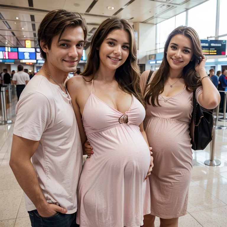 Realistic white pregnant woman, Brown hair, small breasts, wearing pink dress, in the airport, selfie photo Styles, with her boyfriend, smiley expressions