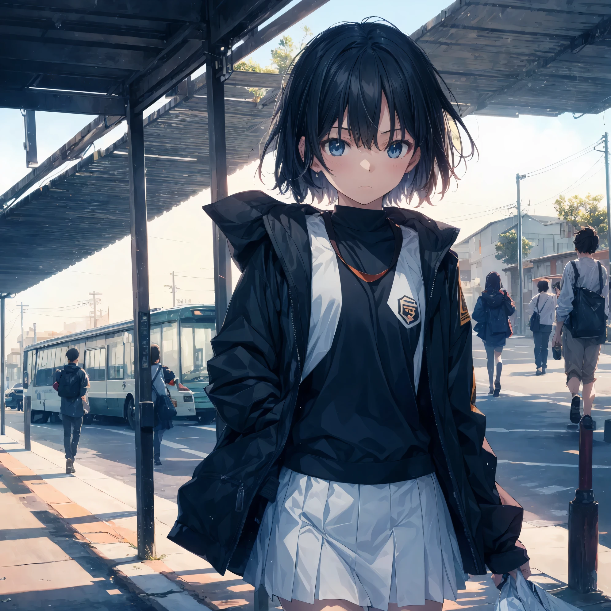 Super high quality by the art god, super detailed, High resolution, Shinkai Makoto style, anime moe art style, best anime 8K konachan wallpaper, pixiv contest winner, perfect anatomy, break,(眠そうにalone学校へ行く女の子を描いてください. ),break, surreal high school girl, (alone,change, child,13 years old:1.3),All limbs, full finger,Middle school students, androgynous charm, (very, very short hair), messy hair, flat and soft chest, small ass, between legs, Small black eyes,beautiful and fine eyes, Well-proportioned iris and pupils, disgusted eyes, High resolutionの詳細な髪, school uniform, (skirt), On the way to school. break,super dense skin, Best lighting by famous artists, 8K, figure,