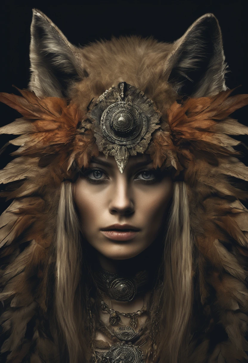 Woman Wears wolf headdress, Ginger , Schamane, extrem vollbusig , Scharlatan, mysterious, Spells,wallpaper art:1.1, UHD-Hintergrundbild,dunkler Hintergrund,detailed Hintergrund, portrait, Blick auf den Betrachter, (hole body:0.6), Kutte, Umhang, elegante Roben, dark mysterious,Runen schriftlich,Meister,Medium Geistige Welt , Ritual,