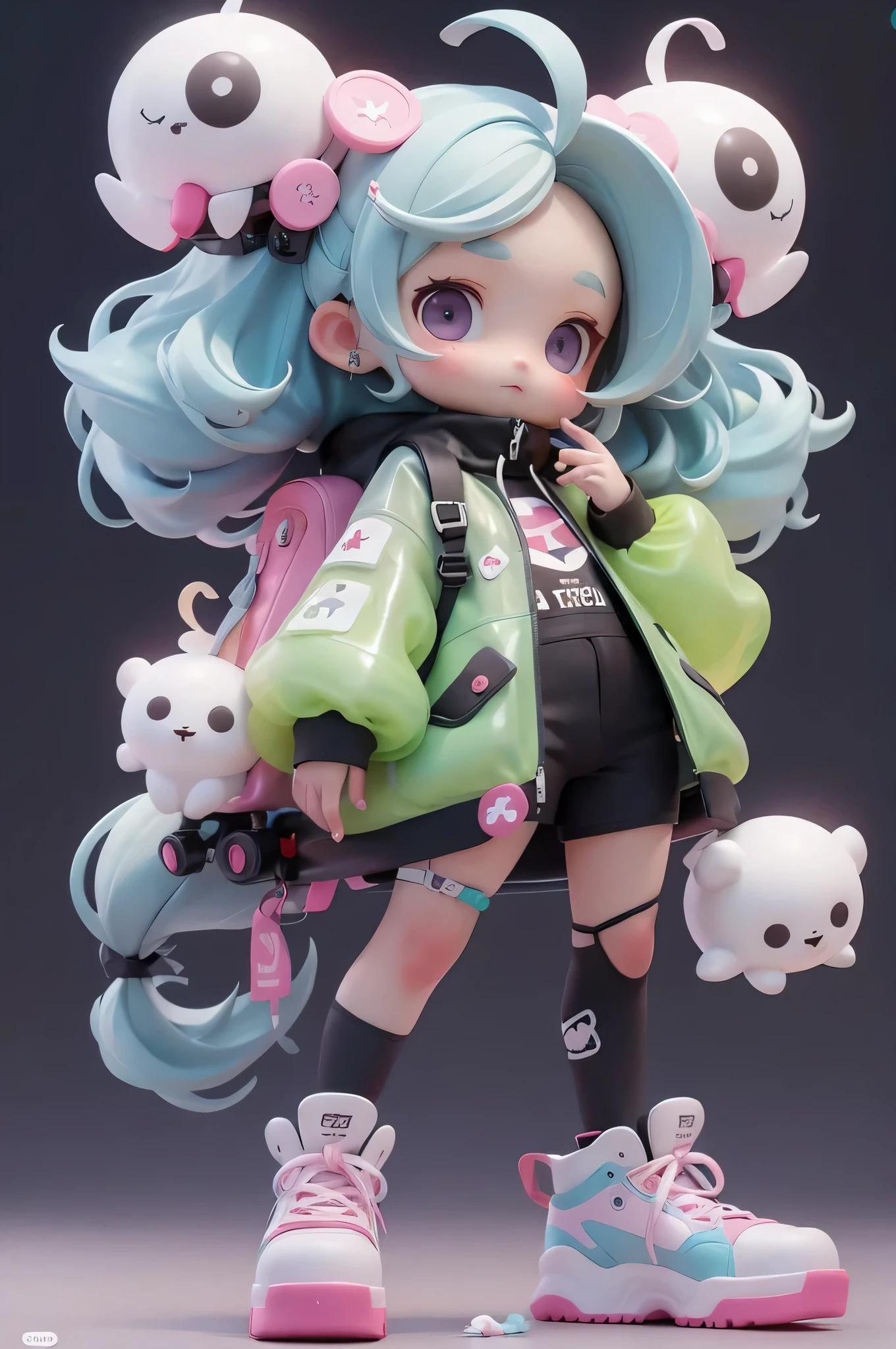Cute wrapped in clear plastic, chibi, Fluorescent translucent sports fashion trend clothing, Wear skateboard shoes, Candy colors, simple bright background, 3D toys, cyberpunk style, cinema 4d,,16k,sense of technology, 3D model, Collectible toys,Nendoroid,Street style,Produced by Pixar, close up, whole body