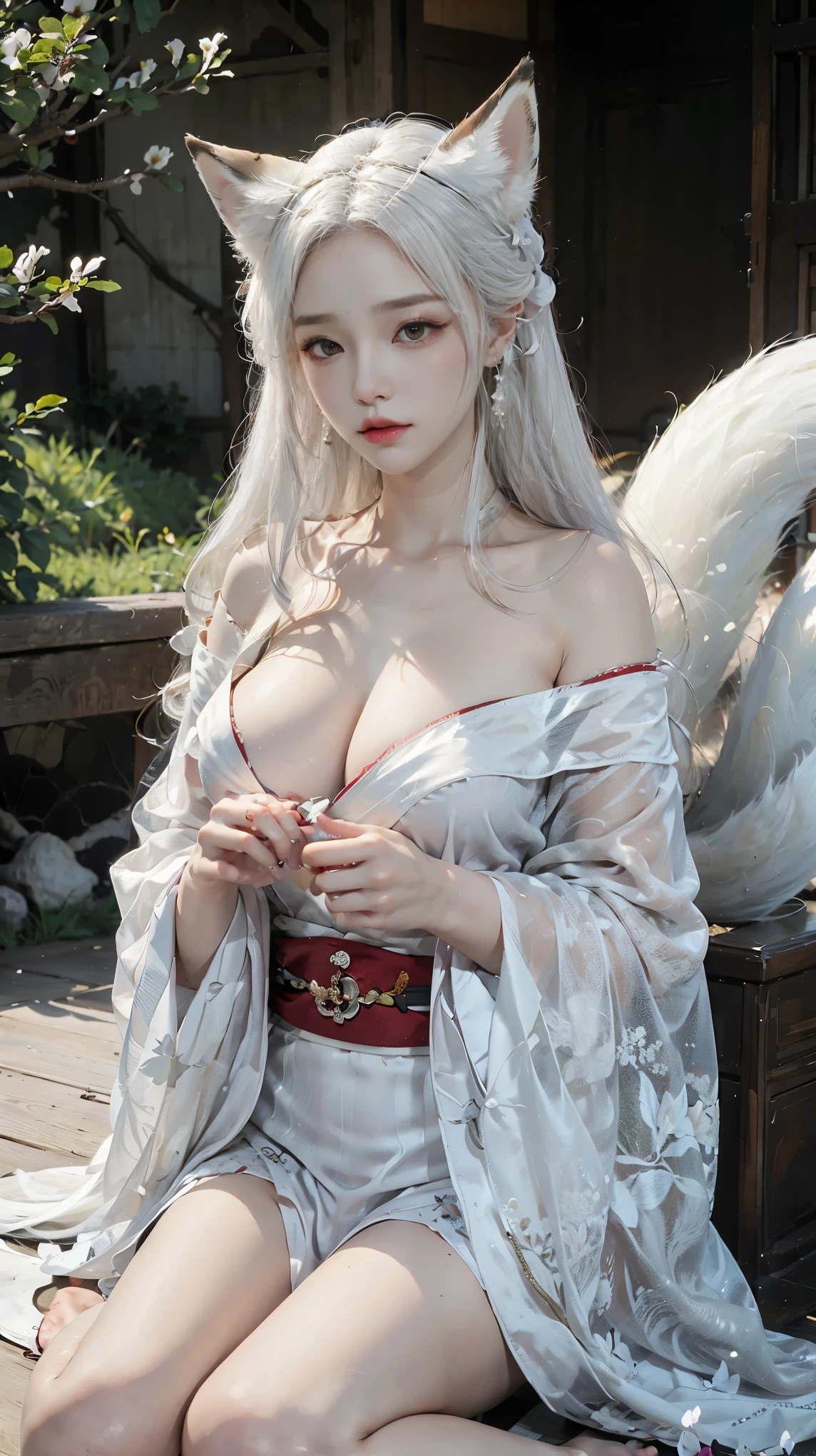 one nine-tailed fox girl wearing a kimono with her chest almost exposed, skin white,pale skin, white kimono, very long white hair, fox ears, nine fox tails, chest almost visible, very large chest, very big chest 