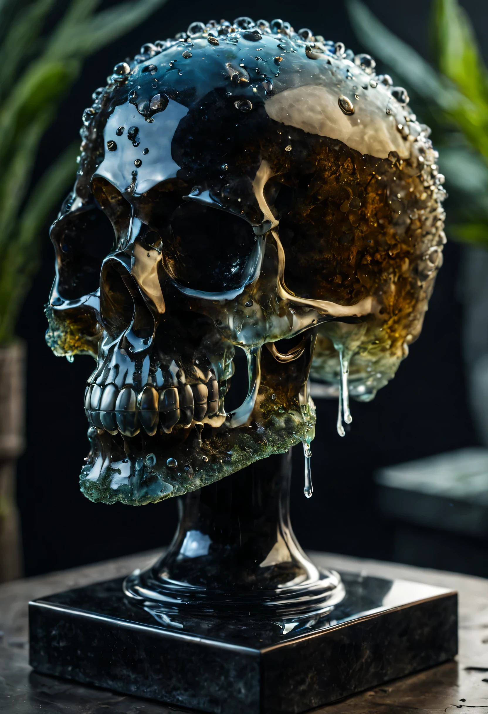 A beautiful, textured glass skull sits on a pedestal, acid drips on it and punctures holes, and light smoke emerges. It's beautiful and detailed. Lots of texture