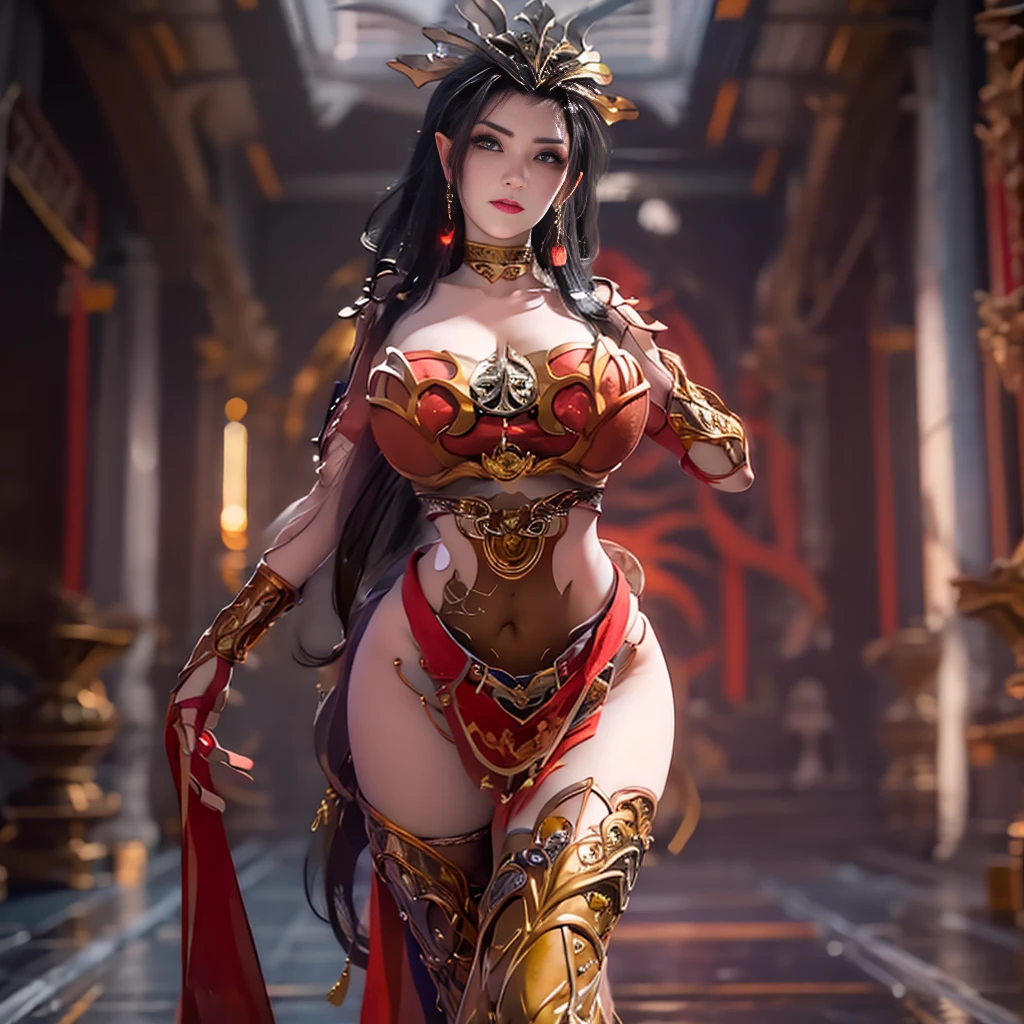 Unreal Engine 5 Realistic Rendering, Excellent, black hair, golden eyes, red group, looking up, Donghua character, cosplayer, walking down hallway of Holy palace, beautiful face, makeup, top body is hyper realistic thicc muscle and hyper largest_breasts!! with the type of boobs_melons, lower is huge buttocks, jealous, hair, red theme, bokeh, masterpiece, highres, highres, 1080P, UHD, masterpiece