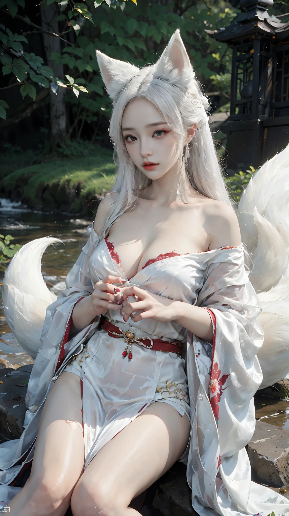 one nine-tailed fox girl wearing a kimono with her chest almost exposed, skin white,pale skin, white kimono, very long white hair, fox ears, nine fox tails, chest almost visible, very large chest, very big chest 