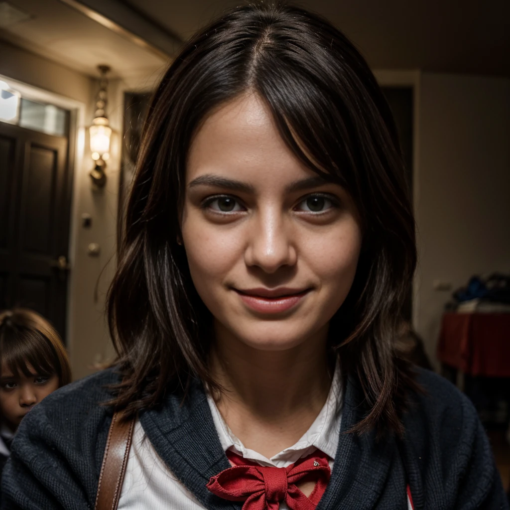 A painting that expresses adult crimes against children. It shows a child chained in a dark place (lustful smirking smiley with face red blush)(wearing a schoolgirl uniform)(uniform tear aparts)(sex trafic), facing threatening dark hands. The painting uses dark colors to highlight horror and injustice, and its goal is to draw attention to these sensitive issues in a poignant and shocking way.