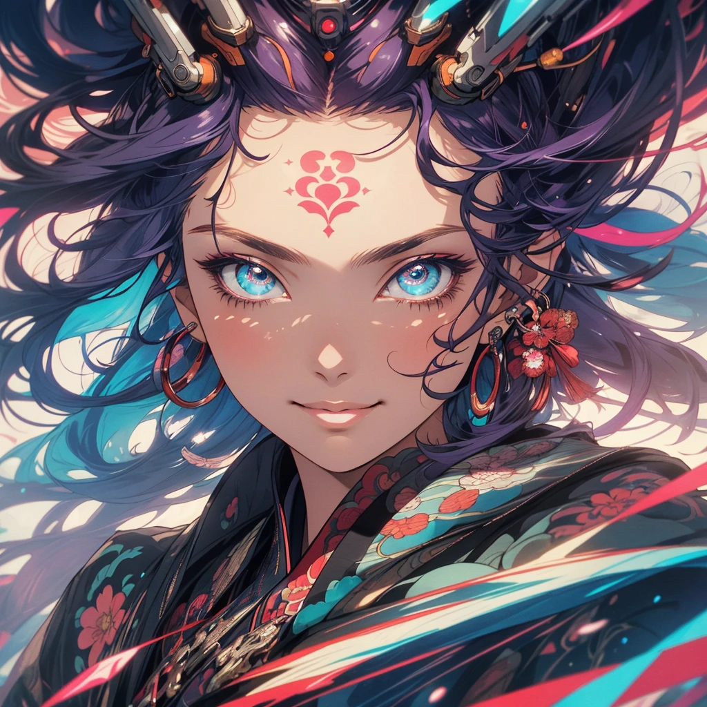 (((highest quality))),(((detailed eyes))),(((32k))),1 girl,hair,(tattoo),cyber punk,kimono,Luxurious and gorgeous,Shiny skin,earrings,flashy,((Super beautiful woman)),perfect face,Japanese sword,ultimate texture,official art,Ukiyo-e,stylish,photograph,perfect body,smile,Bewitching,Highest image quality,distinct,real,fantasy,(Near the future),