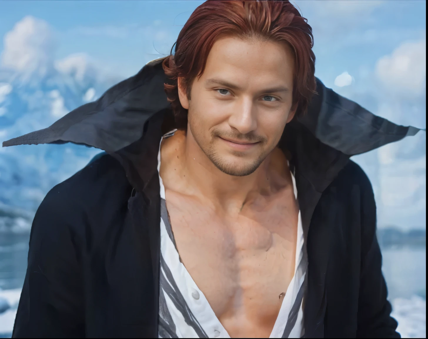 (masterpiece), (realistic), (ultra detailed), ( high reest quality), (photorealistic), (perfect face), (perfect anatomy), man, male, solo, ameican, 30 years old, ((muscular)), shanks from one piece, shanks, red hair, middle parted hairstyle, has a thin black beard, has a thin black mustache, wears white clothes, wears a black robe, the character is reading a newspaper, (((The character's eyes look downwards))), The character's face has a serious expression, his mouth is smiling, The character stands on a lake that has frozen into ice