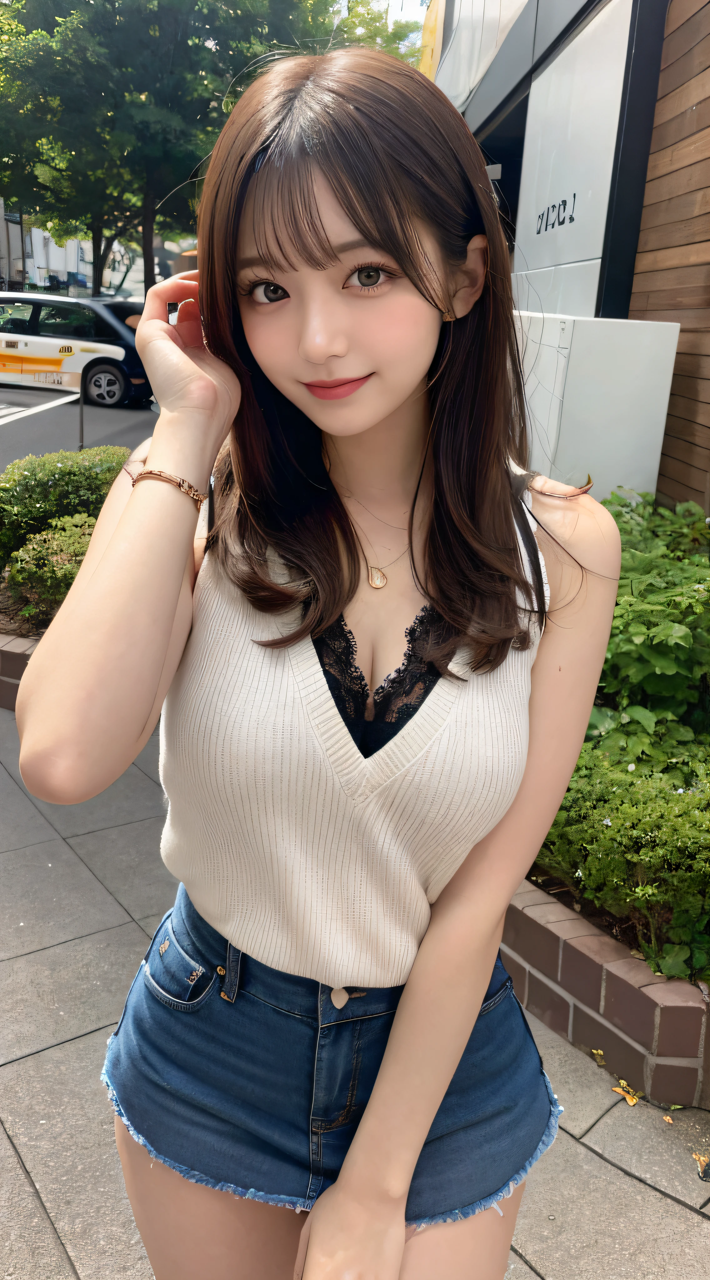 masutepiece, Best Quality, Illustration, Ultra-detailed, finely detail, hight resolution, 8K Wallpaper, Perfect dynamic composition, Beautiful detailed eyes, Women's Fashion Summer,Medium Hair,Small breasts natural color lip, Bold sexy poses,Smile,Harajuku、20 years girl、Cute、Sexy shot looking at camera,beauty legs,wearing miniskirt