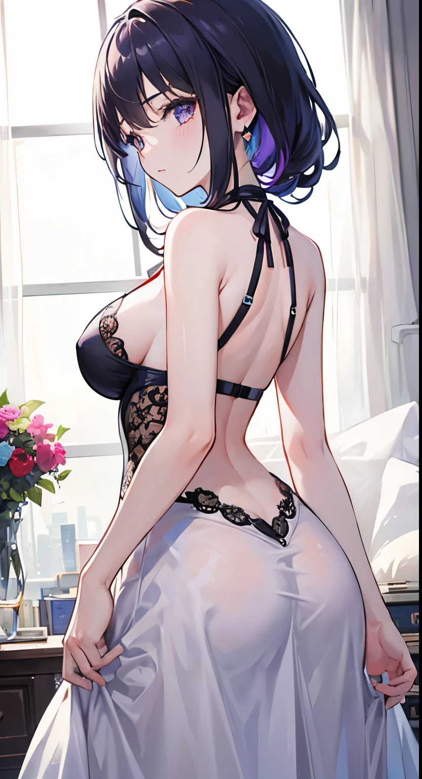 1 girl(masterpiece,top quality,best quality,official art,Beauty and aesthetics:1.2),(Pick and dye your hair,Pick dyeing,The main body is black,被染色的部分是White的,pink and purple:1.2),Royal sister,Extra large breasts(full),Raised sexy,White蕾丝,White,Wedding dress,facing away,Bare back,Number number tattoo on arm
