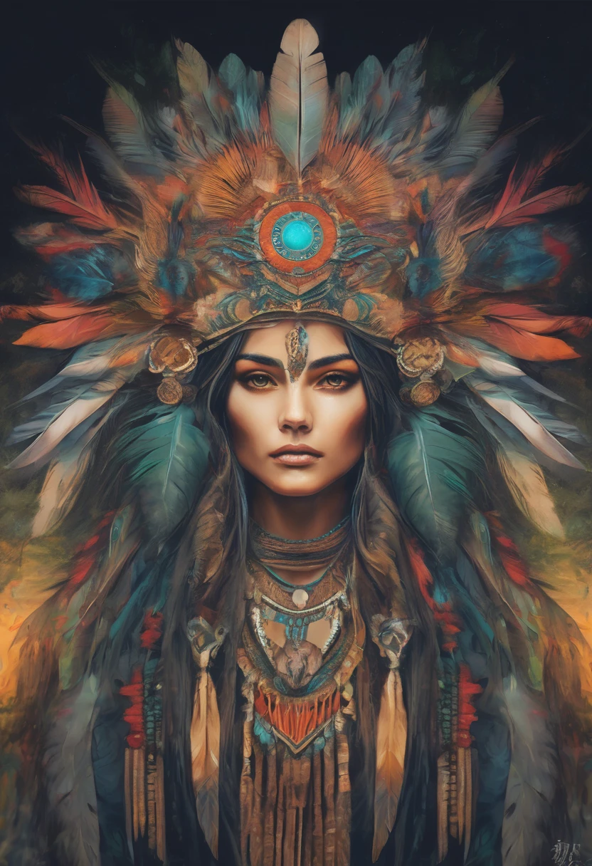 bright colors, detailed feathers, mystical forest, fantasy theme, moonlight, enchanting atmosphere, magical aura, ethereal beauty, tribal elements, mesmerizing eyes, wild nature, wolf symbol, ancient traditions, ancestral connection, shamanic power, spiritual transformation, fierce personality, majestic presence, confident posture, mysterious background, gentle breeze, soft sunlight, vibrant energy, luscious greenery, intricate patterns, spirited expression, elegant movement, captivating gaze, mystical entity, fierce protector, natural harmony,      Woman Wears wolf headdress