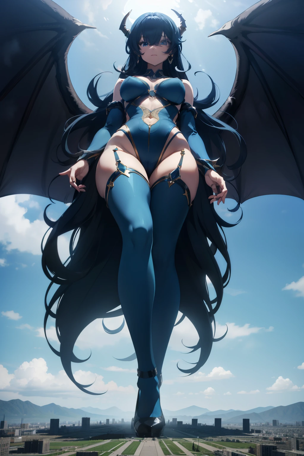 giant girl 50,000 feet high，Have a pair of long legs，Possessing a pair of huge demon wings，Has blue waist-length hair，Loose hair，Wearing a pair of Mary Jane shoes，Blue curly hair，A look of enjoyment，Standing tall in a small town crowded with people, destroying them wantonly，It seems like an invincible existence，Beautiful appearance，Exquisite makeup，perfect lighting，quality，8k,high quality,(governor:1.5)，Aerial View，perfect proportions, Cinema lighting, film grain, Fuji colors, chiaroscuro, 8k, textured skin, Super details, high detail, high quality, high resolution,