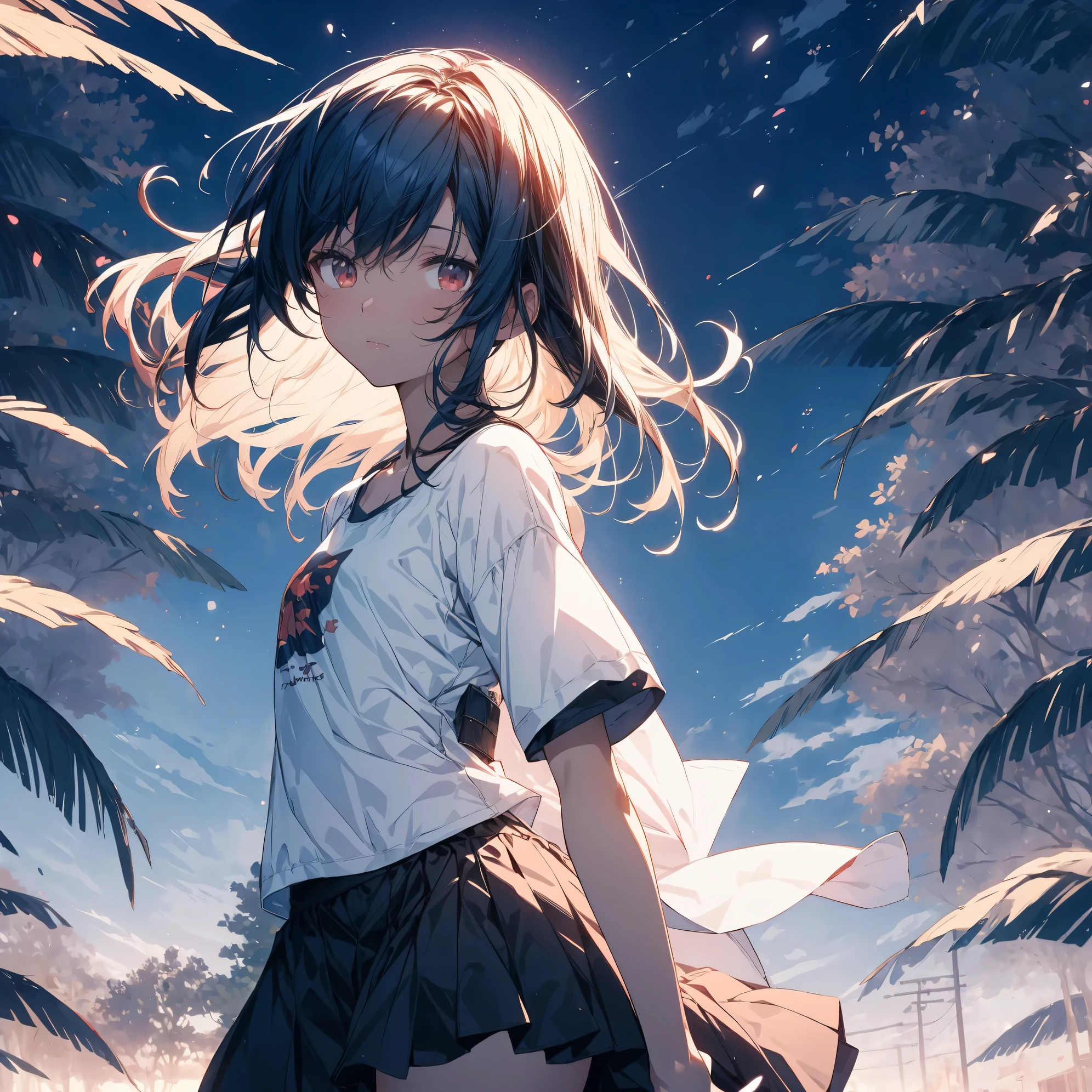 Super high quality by the art god, super detailed, High resolution,  Shinkai Makoto style,  anime moe art style, best anime 8K konachan wallpaper, pixiv contest winner, perfect anatomy, break,(Please draw a sleepy girl walking alone to the village.. ),break, surreal tomboy, (alone,change, 15 years old:1.3),All limbs, full finger, ((black skin)), androgynous charm, (silver hair), messy hair, Ahoge, Medium soft chest, small ass, between legs, small eyes,beautiful detailed red eyes, Well-proportioned iris and pupils, High resolutionの詳細な髪, ((white tank top, skirt:1.3)), In front of Satoyama. break,super dense skin, Best lighting by famous artists, 8K, figure,