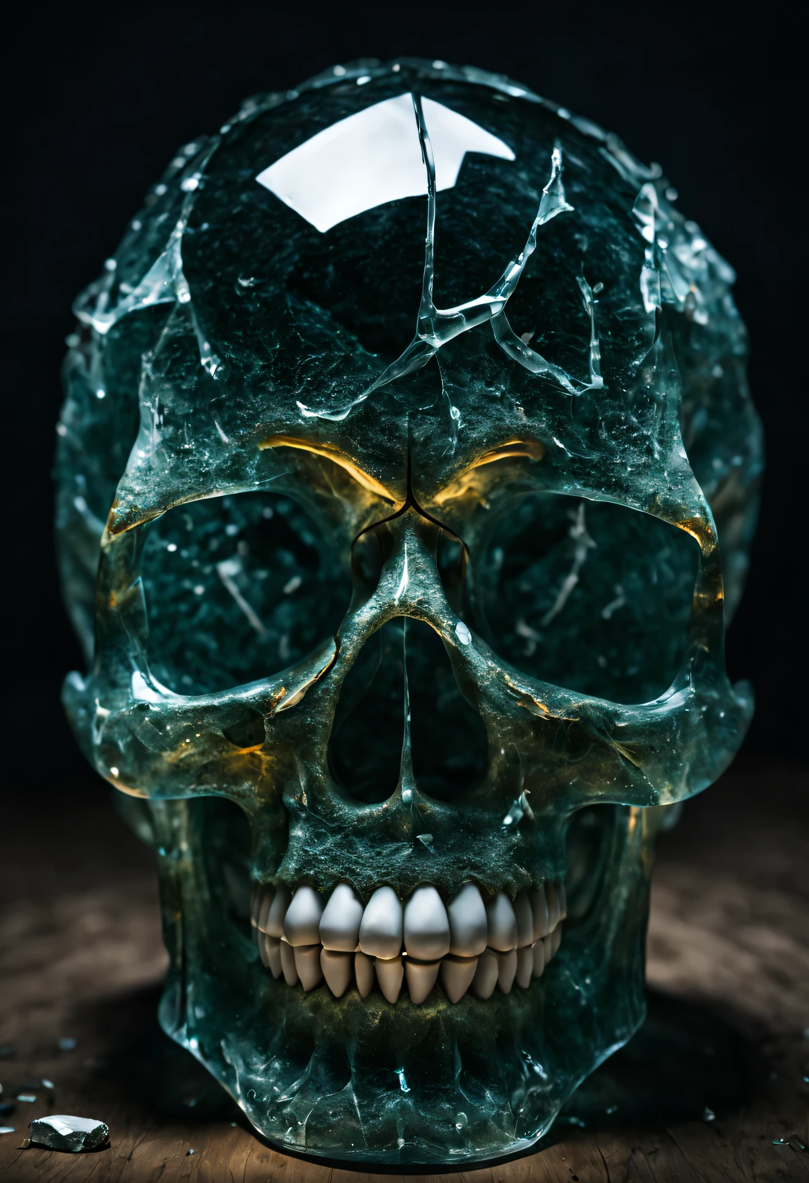 A beautiful and textured glass skull, a bullet passes through it and begins to shatter part of the skull
