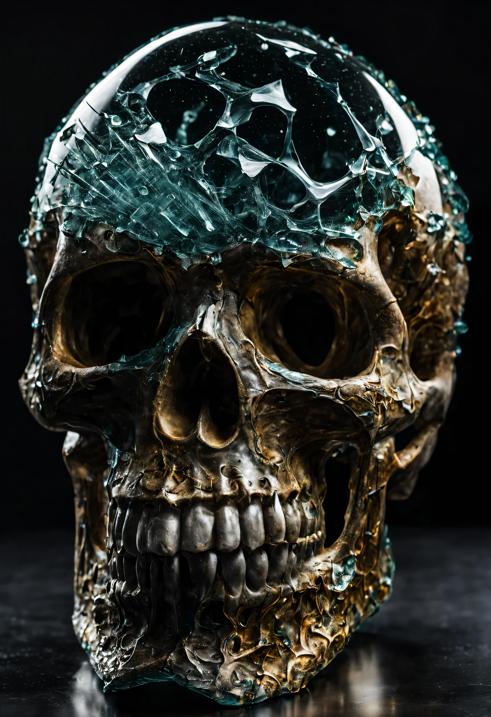 A beautiful and textured glass skull, a bullet passes through it and begins to shatter part of the skull