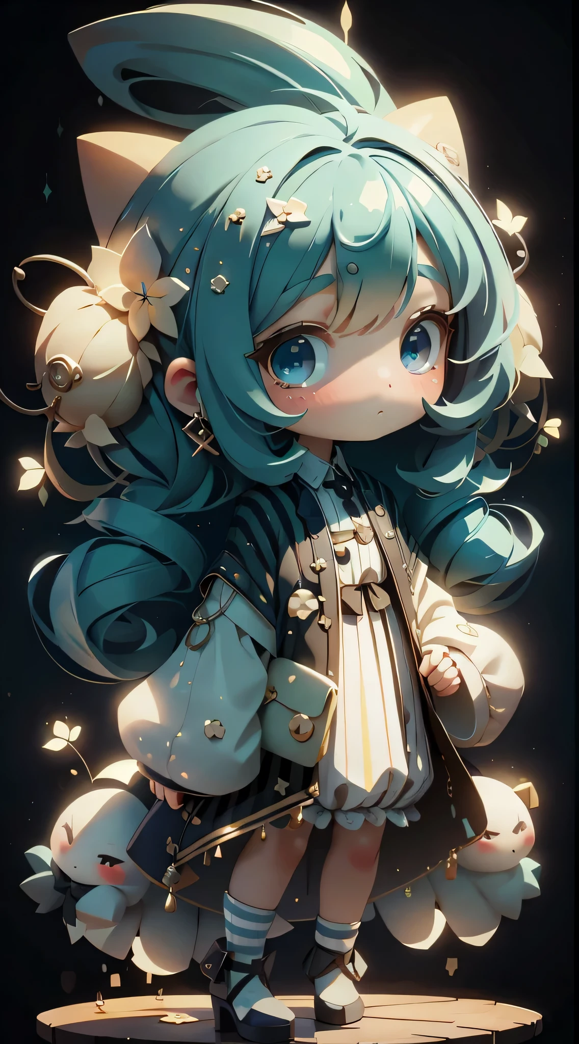 plastican00d, 1 girl, Chibi T-Shi,green hair, luxurious fabrics, Jitter,looking at the audience, Striped background