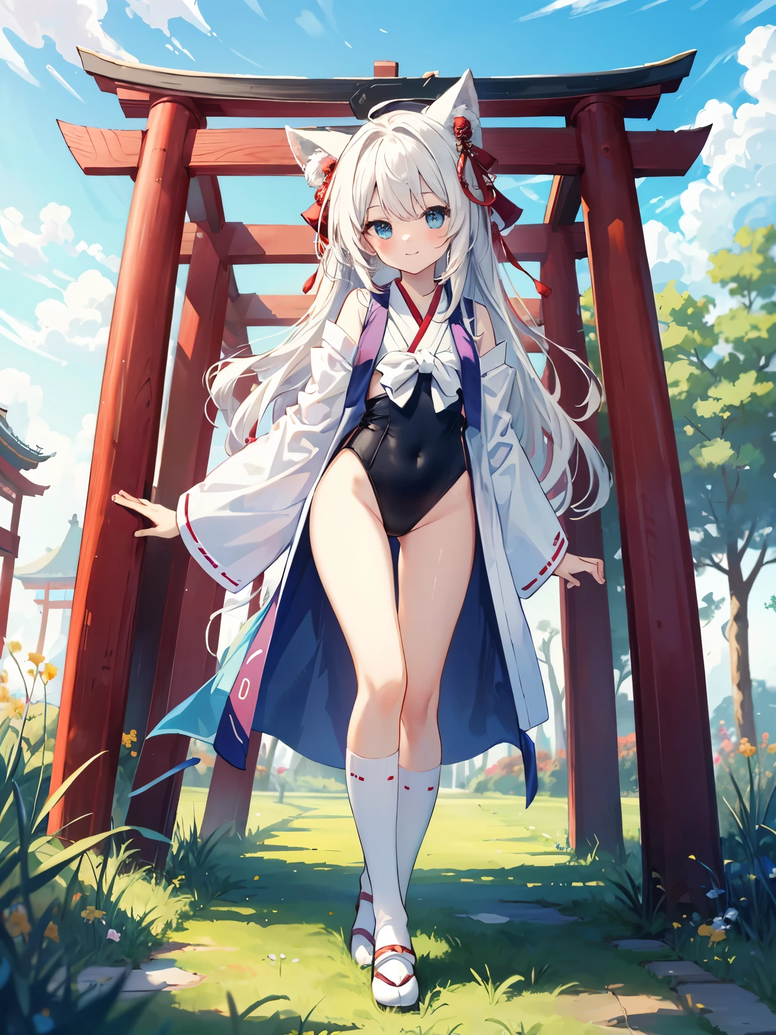 ((masterpiece、4K、8K、highest quality: 1.perfect fingers: 1.perfect anatomy: 1.3、background blur))、((short shrine maiden leotard、long sleeve、、slender、small face、super beautiful girl、(straight long hair))、beautiful big droopy eyes、happy smile、full body display、knee high socks、sky and grass、