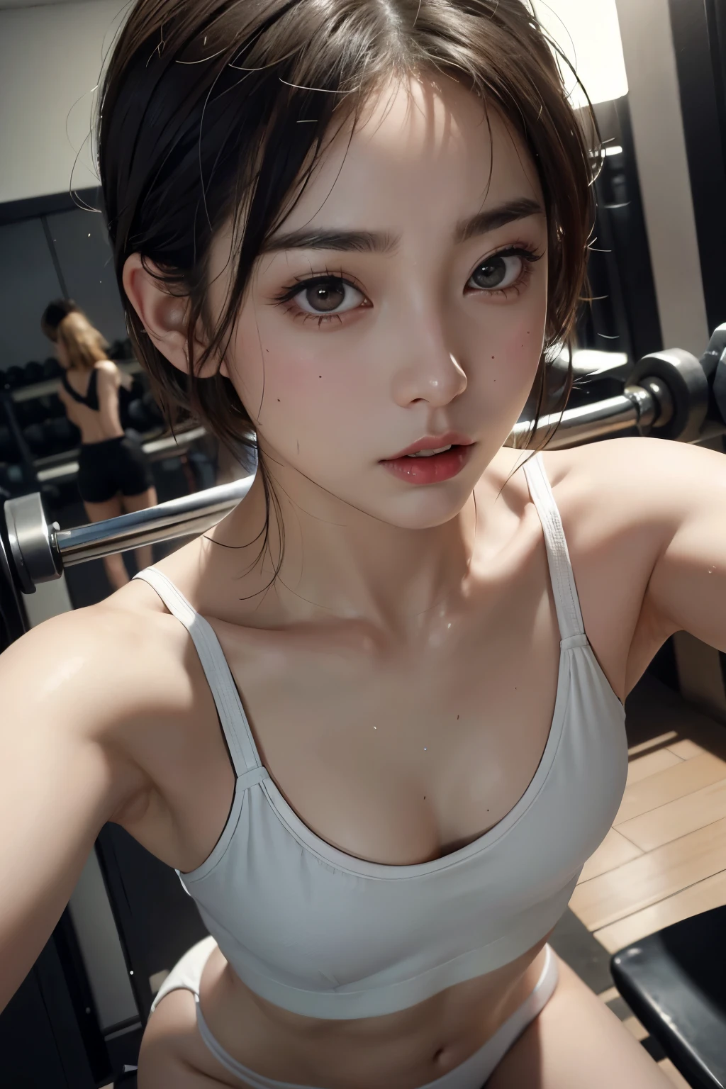 white wet tight tank top, best quality, 1girl, solo, looking at viewer, angle from below, upper body, portrait, small breasts, black eyes, sweaty shiny skin, blush, hot ears, ultra high res, cinematic lighting, lens flare, (lifelike details, ultra-detailed, extremely detailed eyes and face:1.2)