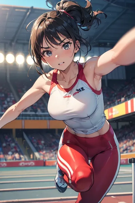 1 girl, ((mature woman jumping hurdles towards viewers on track:1.3, dynamic action pose:1.2, extend your left leg straight towa...