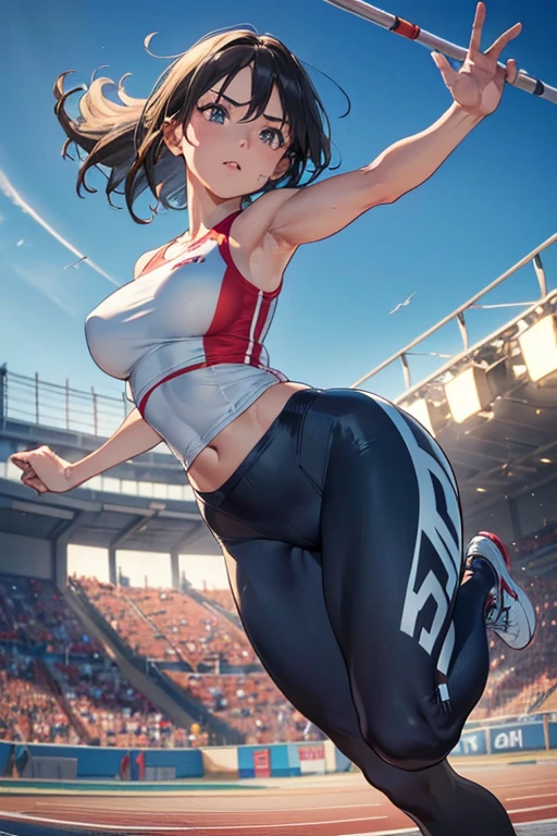 1 girl, ((Mature woman jumping hurdles towards viewers on track:1.3, dynamic action pose:1.2, Extend your left leg straight towards the viewer:1.2, leaning forward, sprinting at full speed:1.2, Athletic competition:1.2)), Wearing white sports leggings and sports tank top, (fine eyes, super detailed face), (ultra high resolution, 8K RAW photo, Ultra-Realistic, textile shading), outdoor, ((correct anatomy:1.37)), image centered, (Shoulder Focus:1.2), ((From the front center:1.37)), dynamic angle, from below, blurred background, 