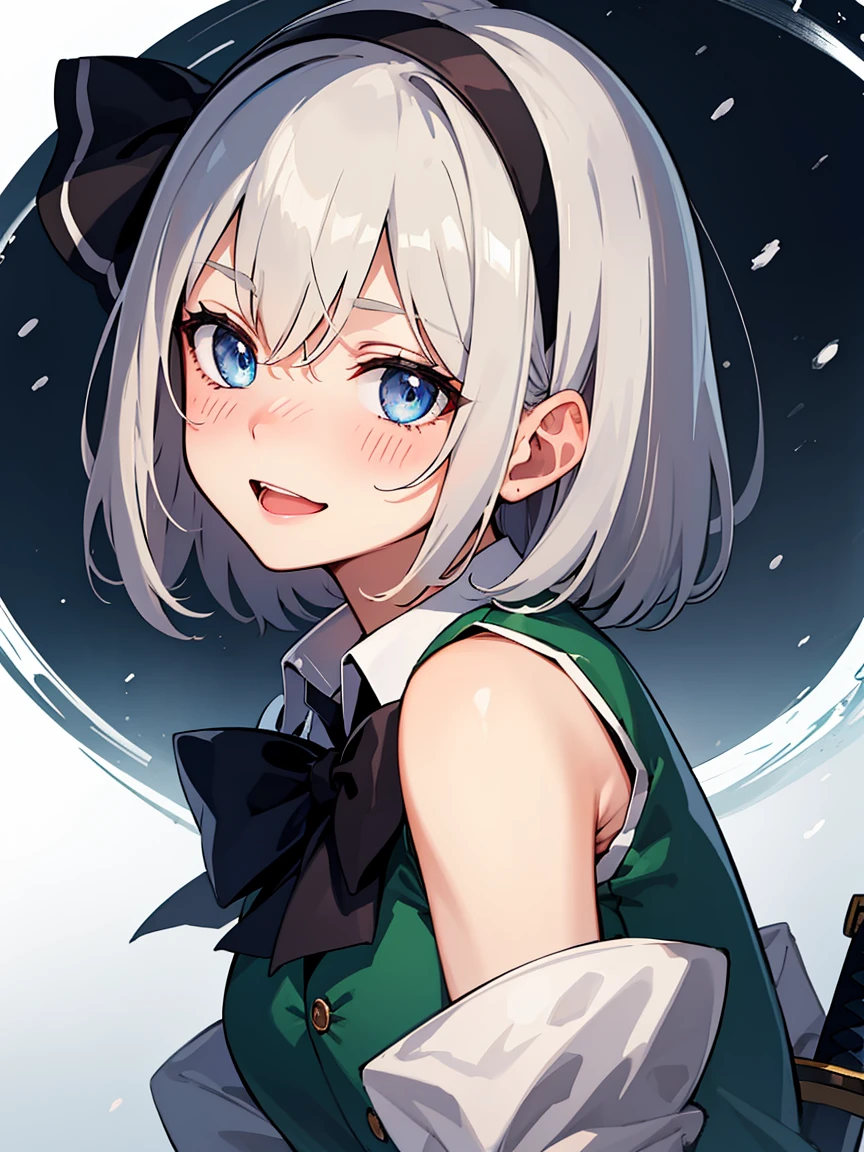 konpaku_youmu_touhou, short_hair, ribbon, hairband, black_hairband, hair_ribbon, black_ribbon, bangs, white_hair, vest, blue_eyes, green_vest, sword, katana, hitodama, bow, blush, black_bow, grey_hair
BREAK 
(nose blush), smile
BREAK
Masterpiece, best quality, high resolution, 8K, official art, super resolution, extremely detailed and beautiful, extremely detailed, amazing and detailed, highly detailed beautiful girl, highly detailed face, highly detailed eyes, highly detailed skin, highly detailed fingers, highly detailed nose, very detailed mouth, perfect anatomy
BREAK
snow scene, forest in the snow, extremely detailed CG unity 16k, very fine 16KCG wallpapers