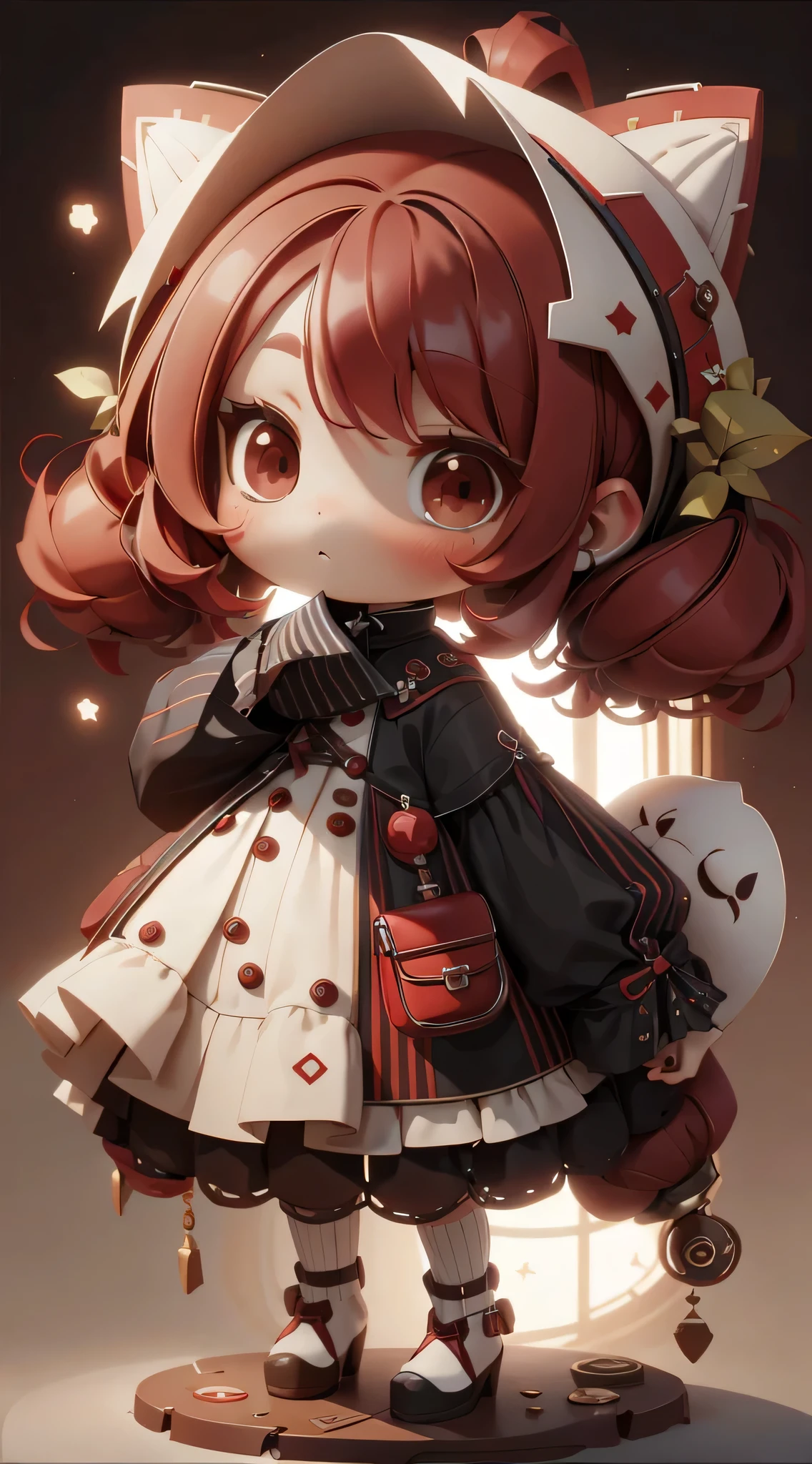 plastican00d, 1 girl, Chibi T-Shi,Red hair, luxurious fabrics, Jitter,looking at the audience, Striped background