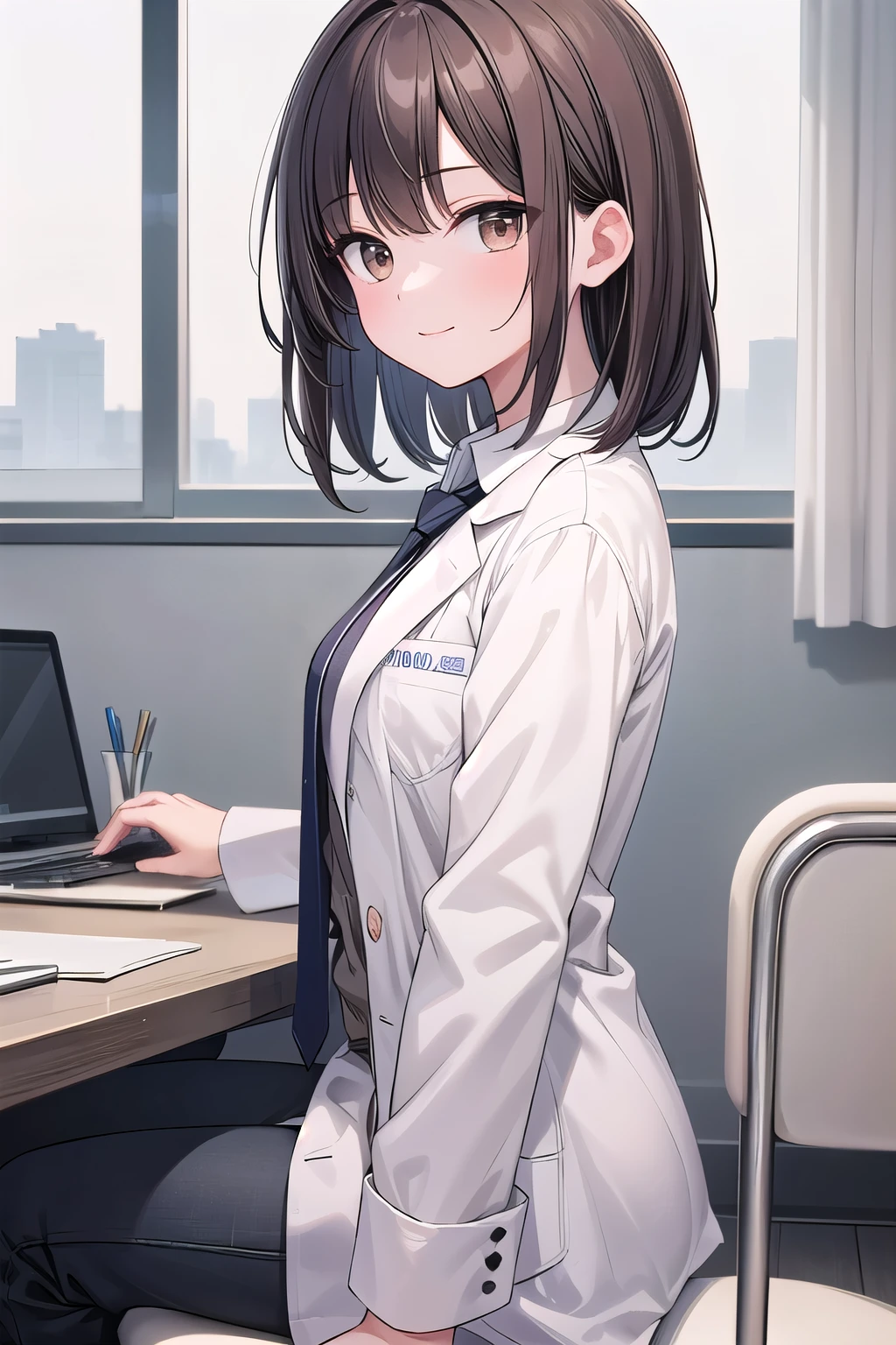 Anime girl sitting at a desk with a laptop computer - SeaArt AI